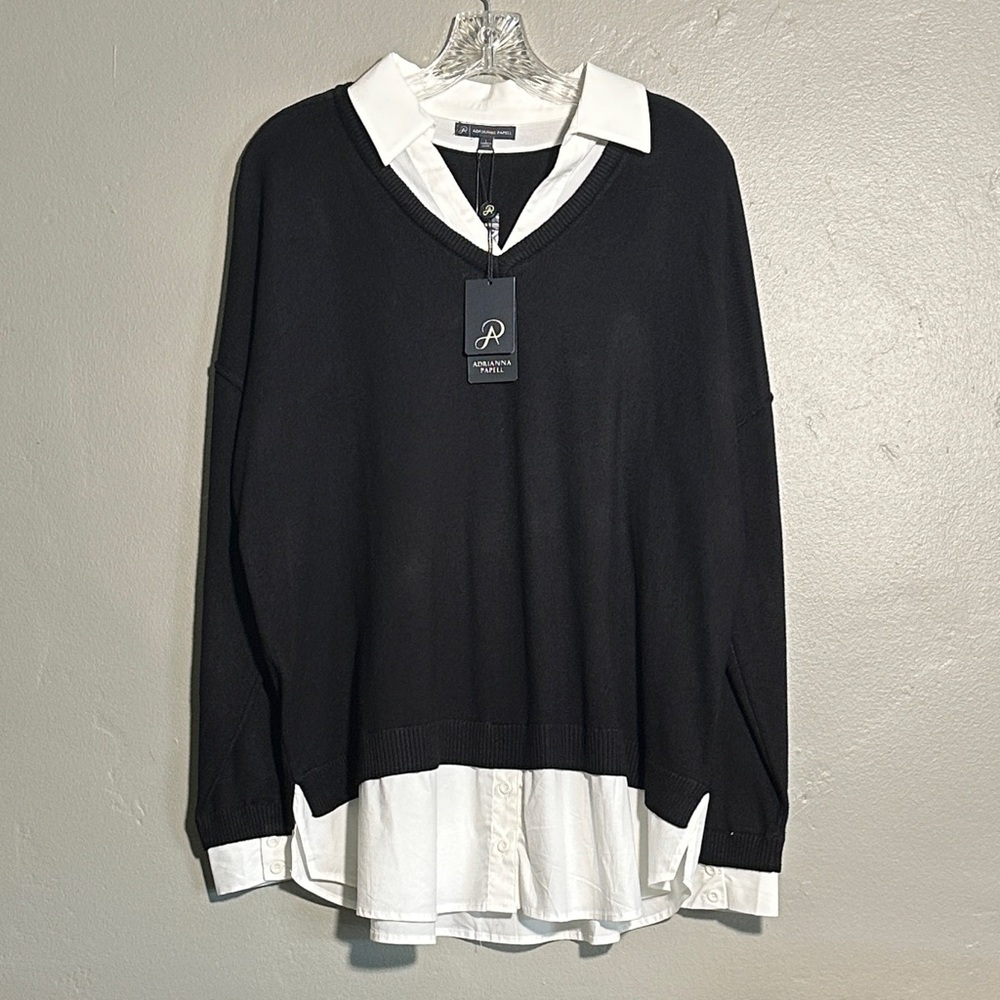 Adrianna Pappell Black V-Neck Sweater with White Collar NWT